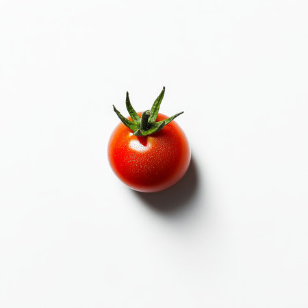 A single cherry tomato, isolated on a white background, emphasizing a juicy and fresh vegetableの素材