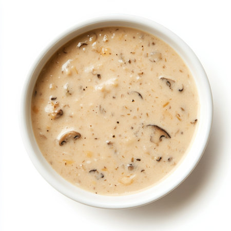 A bowl of creamy mushroom soup, isolated on a white background, showing a comforting starterの素材