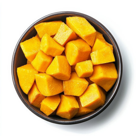 A bowl of roasted butternut squash, isolated on a white background, showcasing a seasonal vegetable dishの素材