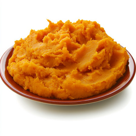 A plate of buttery mashed sweet potatoes, isolated on a white background, emphasizing a comforting sideの素材