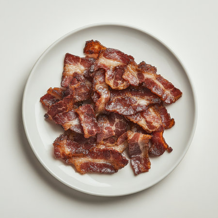 A plate of crispy bacon, isolated on a white background, emphasizing a savory breakfast sideの素材