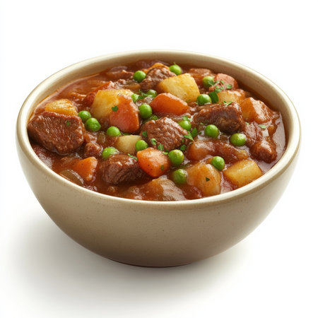 A bowl of hearty beef stew, isolated on a white background, showcasing a filling and warming dishの素材