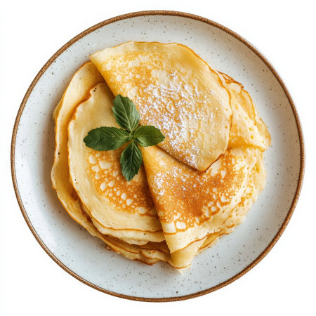 A plate of soft ricotta pancakes, isolated on a white background, showing a light breakfast dishの素材