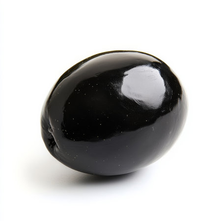 A single black olive, isolated on a white background, highlighting a salty snackの素材