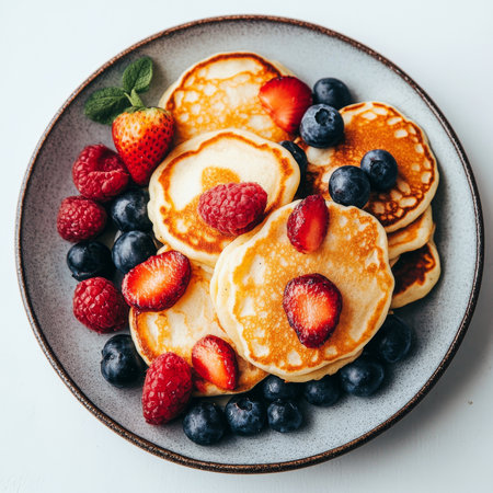 A plate of soft ricotta pancakes, isolated on a white background, showing a light breakfast dishの素材
