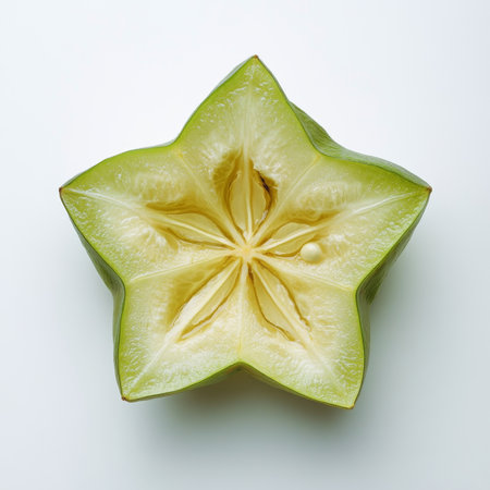 A single slice of star fruit, isolated on a white background, highlighting a unique and tropical fruitの素材