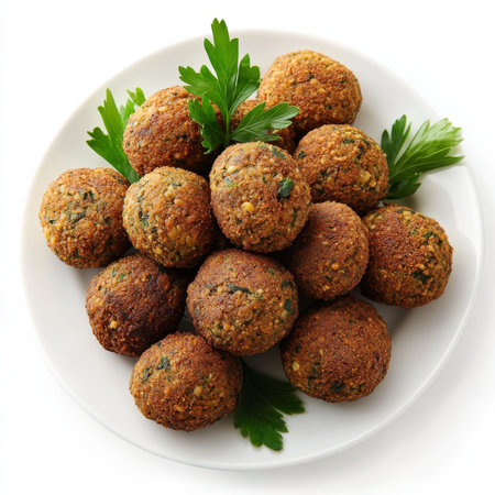 A plate of crispy falafel balls, isolated on a white background, emphasizing a savory snackの素材