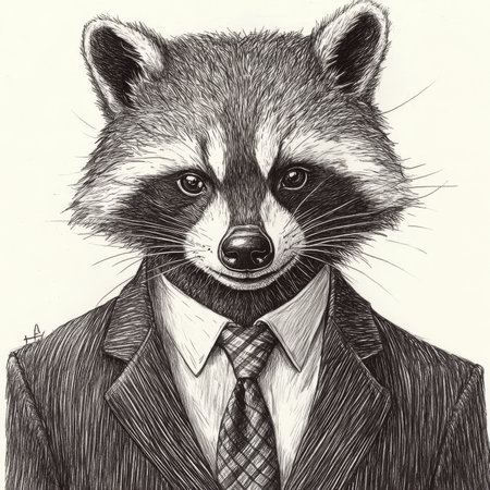 A raccoon businessman in a suit and tie, with a mischievous yet professional expression. The sketch engraving captures the humorous and surreal nature of the anthropomorphic character in detailed black-and-white.の素材