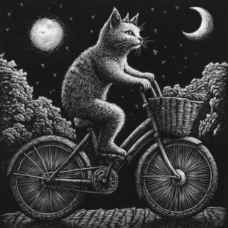 A cat riding a bicycle with a basket, its tail curled and ears perked up as it pedals along. The scratchboard engraving emphasizes the whimsical nature of the scene with intricate textures in black-and-white.の素材