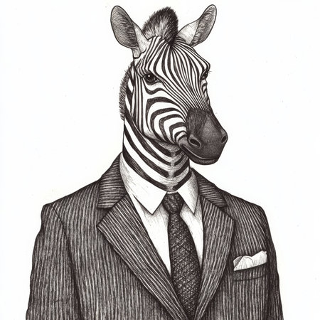A zebra businessman in a suit and tie, with its stripes adding flair to the formal attire. The sketch engraving captures the humorous yet professional vibe in bold black-and-white.の素材