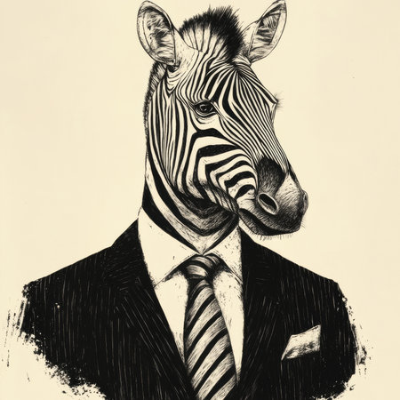 A zebra businessman in a suit and tie, with its stripes adding flair to the formal attire. The sketch engraving captures the humorous yet professional vibe in bold black-and-white.の素材