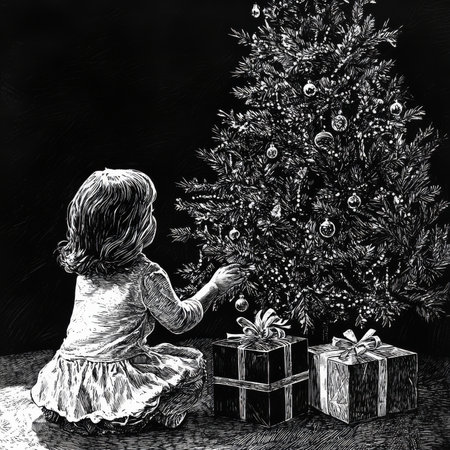 A child girl sitting under a decorated Christmas tree, receiving a gift with a look of wonder and joy. The scene captures the essence of childhood holiday memories, illustrated in scratchboard-style engraving, with intricate textures and shading in black-and-white.の素材
