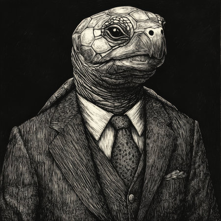 A tortoise businessman in a suit and tie, its shell adding a quirky touch to the professional attire. The scratchboard engraving emphasizes the textures and humor in bold black-and-white.の素材