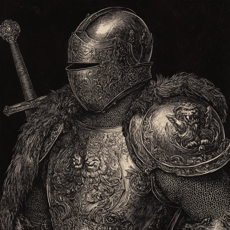 A medieval knight in full plate armor, featuring ornate lion emblems engraved on the breastplate, signifying strength and honor. The scene is illustrated in scratchboard-style engraving, highlighting the knightÃ¢â¬â¢s stoic expression and the fine details of the armor in black-and-white.の素材