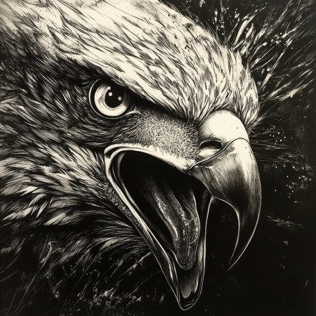Fierce eagle head roaring, its sharp beak and piercing eyes showing intensity, symbolizing fierce power and dominance. The scratchboard-style tattoo design focuses on the eagleÃ¢â¬â¢s wild expression, with intricate black-and-white details enhancing its noble yet aggressive aura.の素材