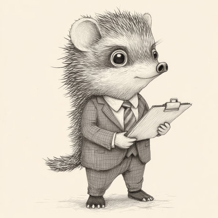 A hedgehog businessman in a suit and tie, standing with a clipboard for a whimsical touch. The sketch engraving captures the quirky and professional concept in black-and-white textures.の素材