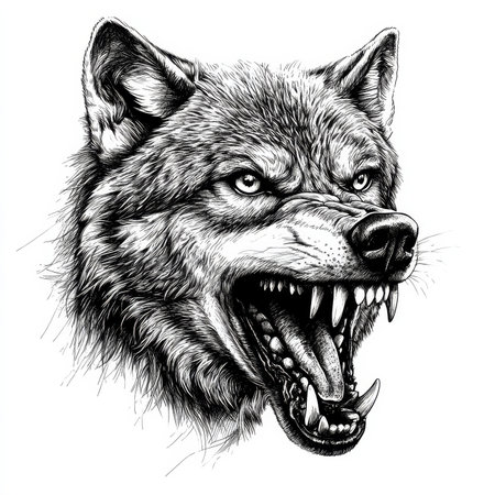 Fierce wolf head growling, mouth open with sharp fangs exposed, symbolizing strength and aggression. The tattoo design is drawn in scratchboard engraving, highlighting the wolfÃ¢â¬â¢s powerful features and its wild, fierce nature in black-and-white.の素材