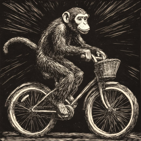 A monkey riding a bicycle with a basket, swinging its tail for balance as it pedals. The scratchboard-style engraving emphasizes the playful energy of the monkey in bold black-and-white.の素材