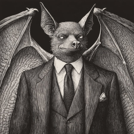 A bat businessman in a suit and tie, with wings subtly visible behind his formal outfit. The scratchboard engraving combines surreal humor with intricate black-and-white detail.の素材