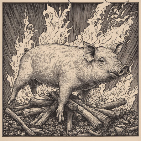 A whole pig turning on a spit above a roaring fire, surrounded by detailed linework showing the spit, flames, and smoky atmosphere. The sketch engraving style highlights the traditional barbecue setup with bold, black-and-white contrasts and classic tattoo-inspired artistry.の素材