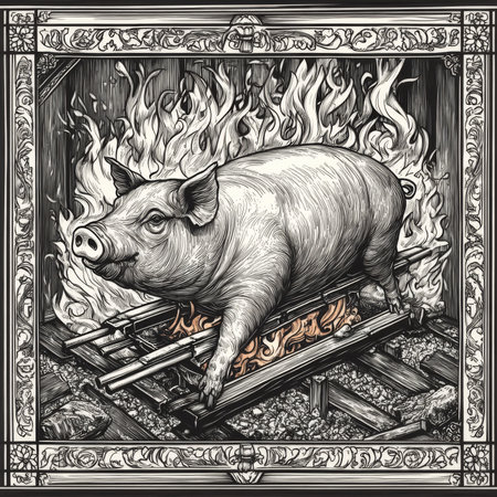 A whole pig turning on a spit above a roaring fire, surrounded by detailed linework showing the spit, flames, and smoky atmosphere. The sketch engraving style highlights the traditional barbecue setup with bold, black-and-white contrasts and classic tattoo-inspired artistry.の素材