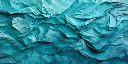 Teal crumpled paper texture with subtle shades of aqua and cyan. Folds and creases create a calm yet textured background.の素材