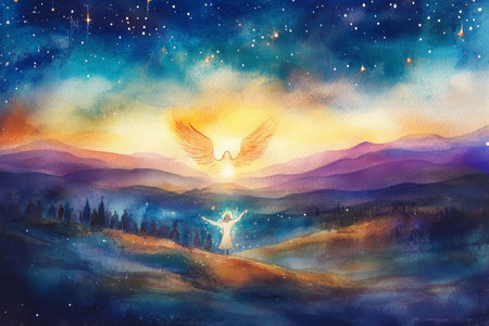 A vibrant watercolor illustration of an angel appearing to the shepherds, surrounded by soft light and heavenly glow, with the stars shining brightly over the peaceful hills and fieldsの素材