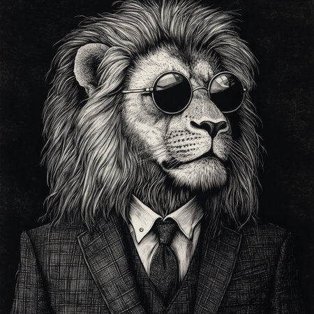 A lion wearing a tailored suit and round sunglasses, combining regal wildlife with a modern, hipster twist. The intricate scratchboard engraving style highlights the lion's majestic mane and sharp attire in a striking black-and-white composition.の素材