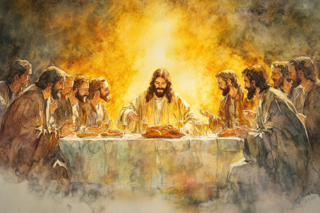 Jesus blessing the bread and wine at the Last Supper, with light illuminating the table. The watercolor uses soft yellows and golden hues to emphasize the sacredness of the moment.の素材