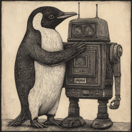 A penguin hugging a vintage robot, an adorable and unlikely duo. The scene, filled with whimsy and retro flair, is drawn in scratchboard-style engraving with detailed black-and-white textures.の素材