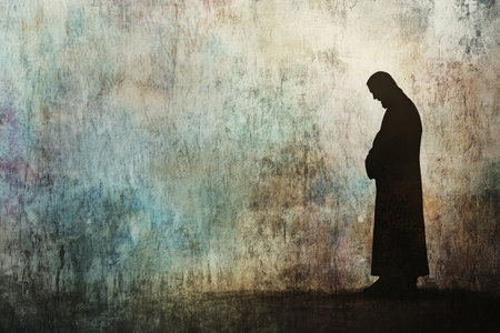 A silhouette of Jesus Christ standing against a grunge wall, His posture noble and strong. The rough texture of the wall highlights the contrast between the brokenness of the world and the unwavering strength and grace of ChristÃ¢â¬â¢s love and sacrificeの素材
