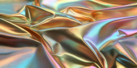 Iridescent foil texture with soft folds and smooth transitions between rainbow hues. The metallic finish emphasizes depth and reflects light dynamically.の素材