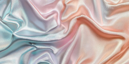 Soft holographic pastel background with gradients of mint, peach, and lavender. The texture is smooth and silky with glowing highlights.の素材