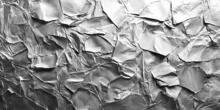 Textured silver crumpled paper with metallic highlights. Deep creases and sharp folds give it a reflective, industrial look.の素材