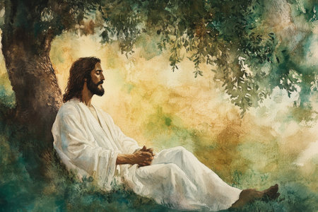 A serene portrait of Jesus in a white robe, sitting under an olive tree. The watercolor background blends shades of green and golden light to evoke a sense of peace and reflection.の素材