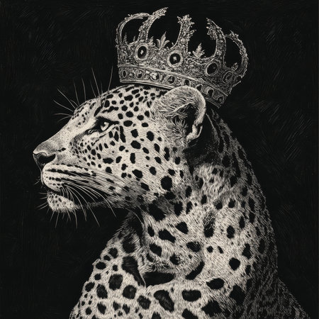 A leopard with a punk-style mane, wearing a crown, symbolizing both elegance and rebellion. The scene is drawn in intricate scratchboard-style engraving, with black-and-white textures emphasizing the leopardÃ¢â¬â¢s graceful yet fierce presence.の素材