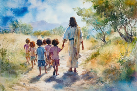 Jesus walking along a dirt path with a group of children, holding oneÃ¢â¬â¢s hand. The watercolor blends warm earth tones and soft blue skies to evoke simplicity and joy.の素材