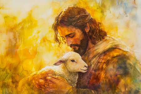 A vibrant watercolor of Jesus holding a lamb in his arms, surrounded by a glowing golden light. The scene blends earthy tones and soft yellows for a warm, loving depiction.の素材