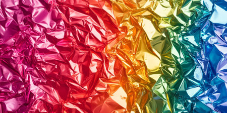 Abstract holographic rainbow foil with sharp creases and shimmering metallic tones. Reflected light creates vibrant and layered chromatic effects.の素材