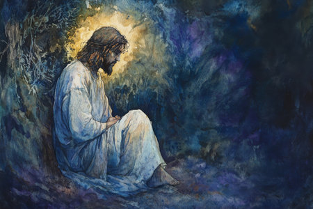 Jesus praying alone in the Garden of Gethsemane, with a halo of soft light around him. The watercolor uses deep blues, purples, and golds to evoke solitude, suffering, and divine will.の素材