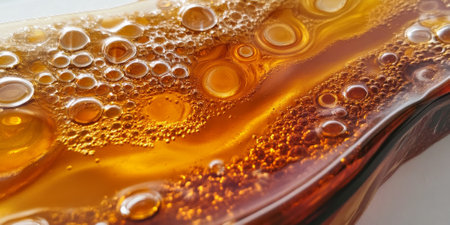 Thick gel texture with rich golden amber hues. Smooth and translucent layers create depth, accented by small bubbles and glossy highlights.の素材