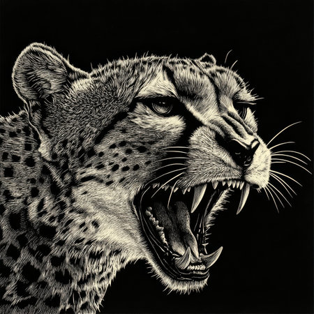 A leaping cheetah, growling with sharp teeth exposed, symbolizing power, aggression, and speed. The tattoo-style design is illustrated in scratchboard engraving, with detailed black-and-white textures showing the cheetahÃ¢â¬â¢s intense and agile nature.の素材
