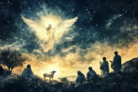 A digital watercolor illustration of an angel in the sky, illuminated by divine light, announcing the birth of Jesus to a group of startled shepherds. The peaceful night sky and the simple, humble figures of the shepherds add a sense of reverence and awesome to the sceneの素材
