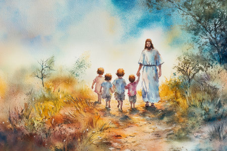 Jesus walking along a dirt path with a group of children, holding oneÃ¢â¬â¢s hand. The watercolor blends warm earth tones and soft blue skies to evoke simplicity and joy.の素材