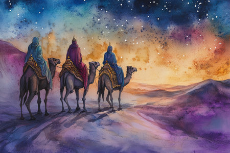 The Magi traveling through the desert at dusk, riding camels along a winding path, with soft watercolor hues of the sandy landscape, their robes flowing in the wind, and the night sky beginning to glow with starsの素材