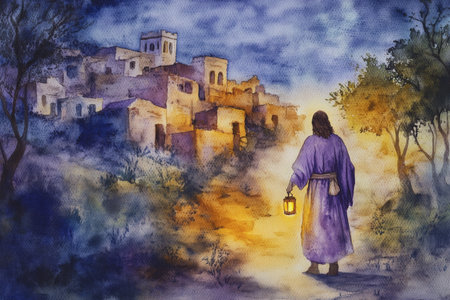 Jesus walking through a quiet village at twilight, holding a glowing lantern. The watercolor features muted purples, deep blues, and warm yellows for a peaceful yet striking scene.の素材