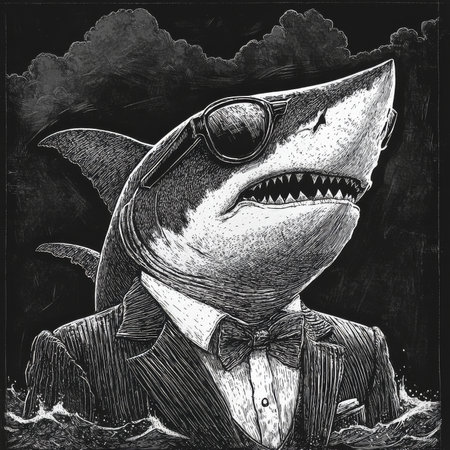 A shark dressed in a cool suit and sunglasses, combining the fierceness of the ocean with a touch of modern style. The scene is rendered in detailed black-and-white scratchboard-style engraving, creating a whimsical yet bold image.の素材