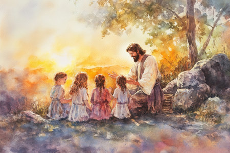 Jesus blessing a family gathered at his feet, with a glowing sunset behind them. The watercolor blends warm oranges, reds, and soft browns to create a comforting and holy moment.の素材