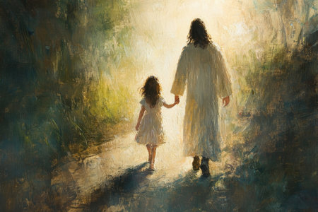 Jesus and a little girl walk side by side, their backs to the viewer, heading toward a divine light. The soft brushstrokes create a sense of serenity, with the light casting gentle shadows on their figures as they move toward hope and salvationの素材