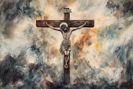 Jesus on the cross painted with delicate watercolor strokes; the scene set against a moody backdrop of swirling clouds and rays of light breaking through the darknessの素材
